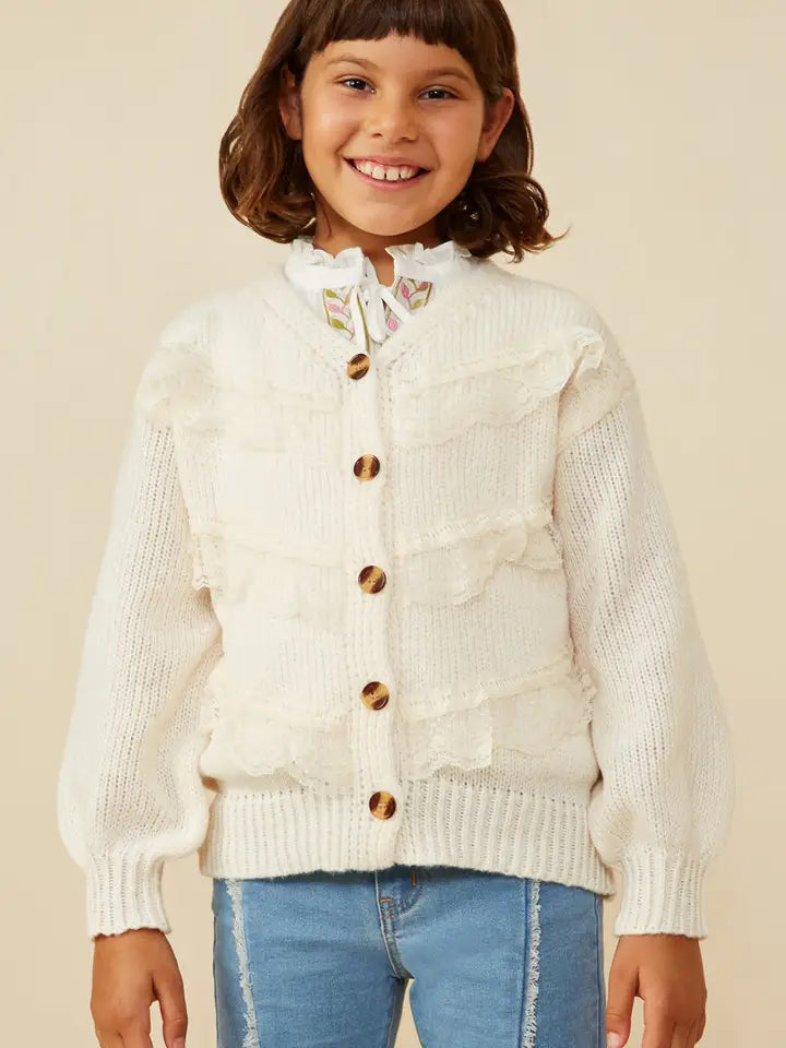 Youth Girls Lace Frilled Buttoned Sweater Cardigan