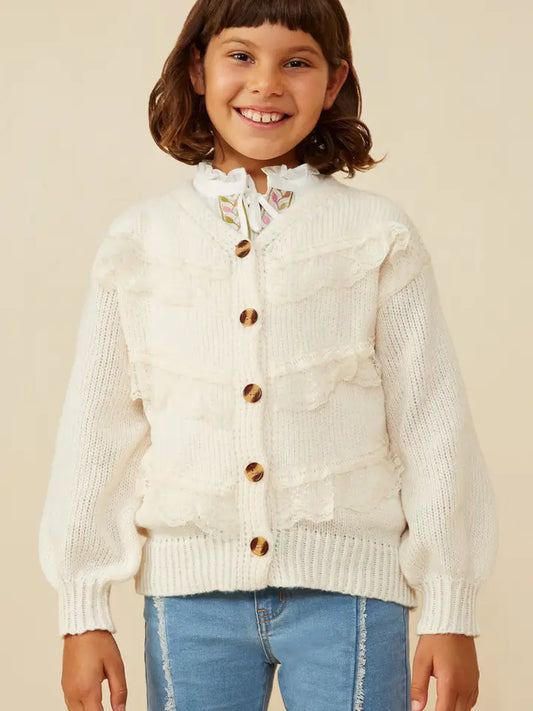 Youth Girls Lace Frilled Buttoned Sweater Cardigan