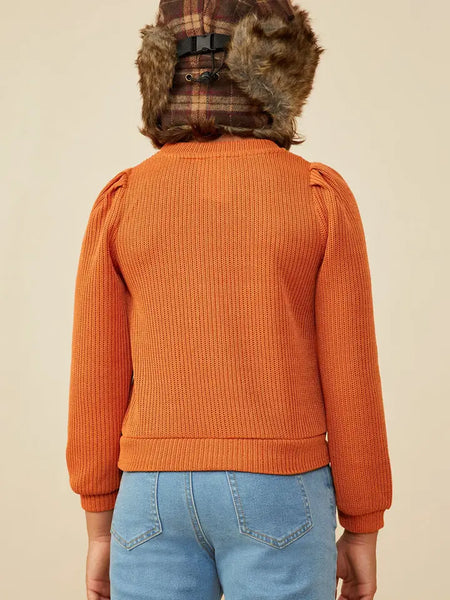 Youth Girls Ribbed Knit Banded Detail Mock Neck Top