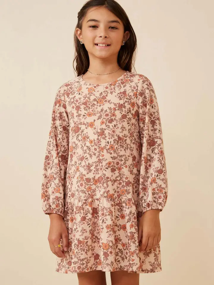 Youth Girls Antique Floral Drop Waist Knit Dress