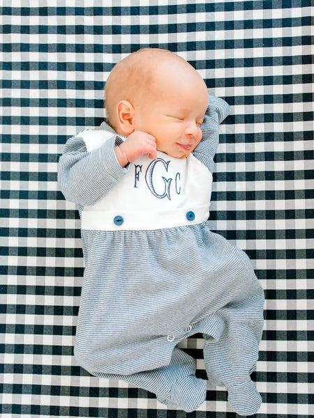 Infant Boys Navy Stripe Bib Front Footie and Hat