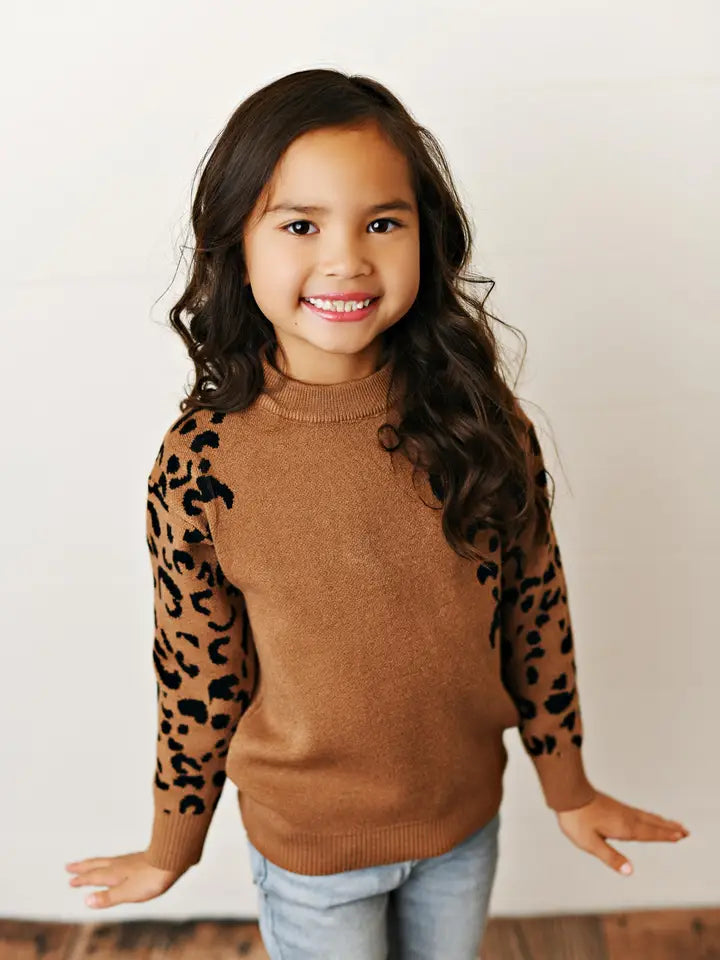 Girls Brown Leopard Print Crew Neck