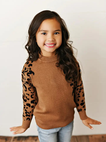 Girls Brown Leopard Print Crew Neck