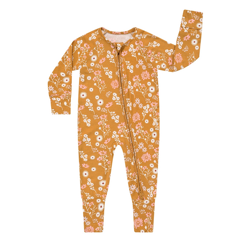 Emerson and Friends Bamboo Mustard Floral Footed Onesie