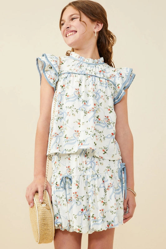 Youth Girls Floral Ribbon Contrast Trim Top