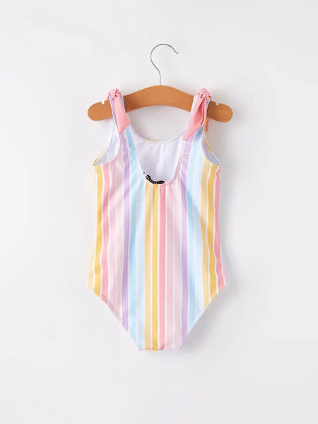 Girls Colorful Stripe Floral One Piece Swimsuit