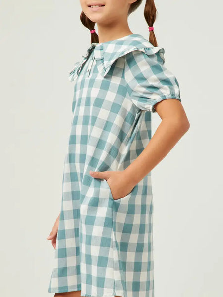 Youth Girls Ruffled Bib Collar Checkered Dress