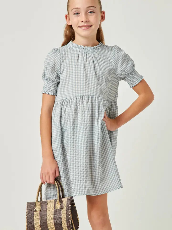 Youth Girls Seersucker Gingham Smock Cuff Dress