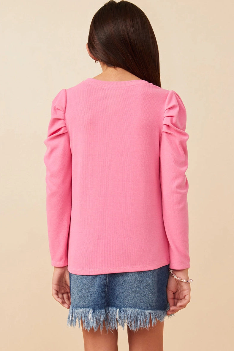 Youth Girls Pleated Puff Shoulder Knit Top