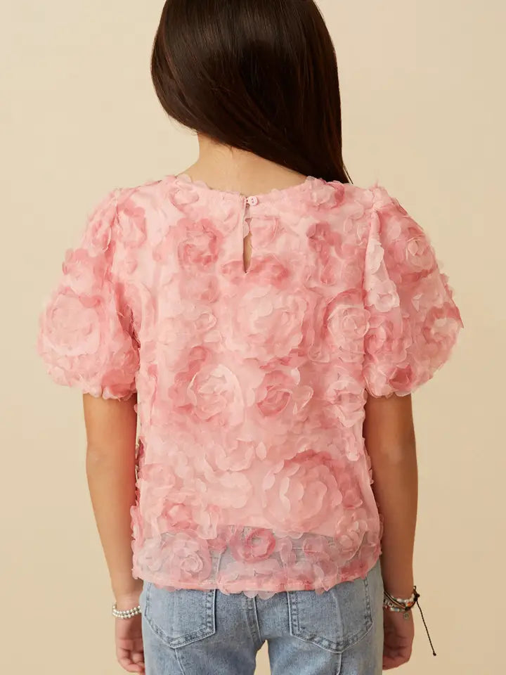 Youth Girls Floral Textured Puff Short Sleeve Top