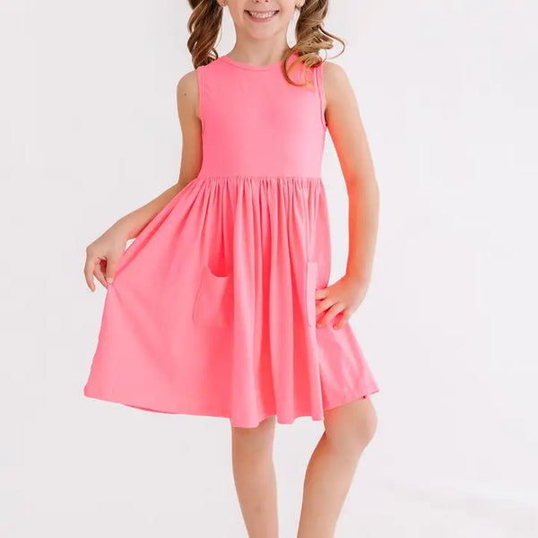 Girls Neon Pink Tank Pocket Twirl Dress