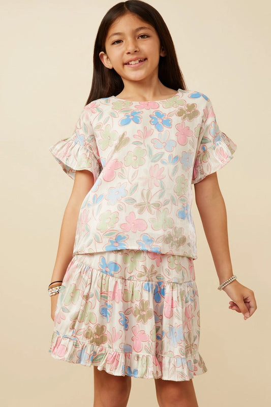Youth Girls Floral Ruffle Sleeve Foiled Top