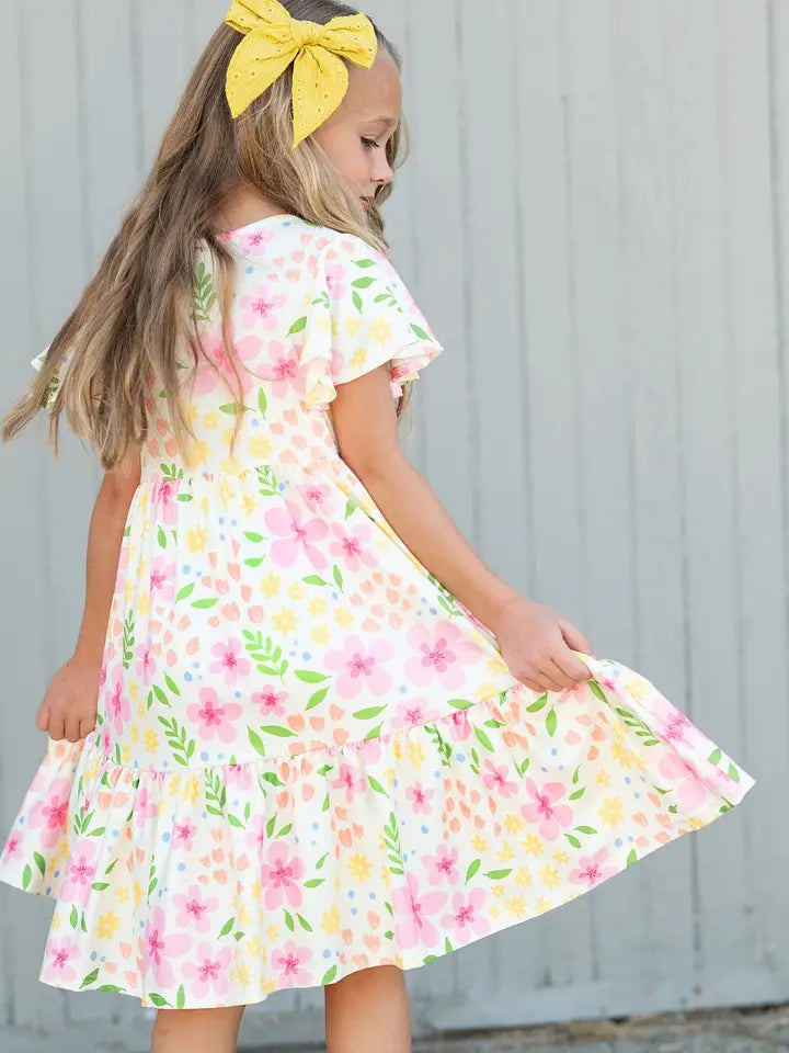 Girls Dainty Spring Floral Flutter Sleeve Twirl Dress