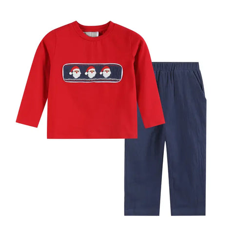 Toddler Boys Red Santa Smocked Shirt and Navy Pants Set