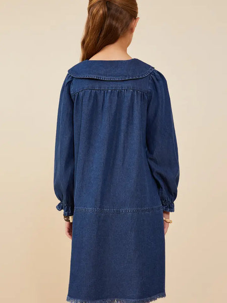 Youth Girls Peter Pan Collared Cinch Cuff Chambray Dress