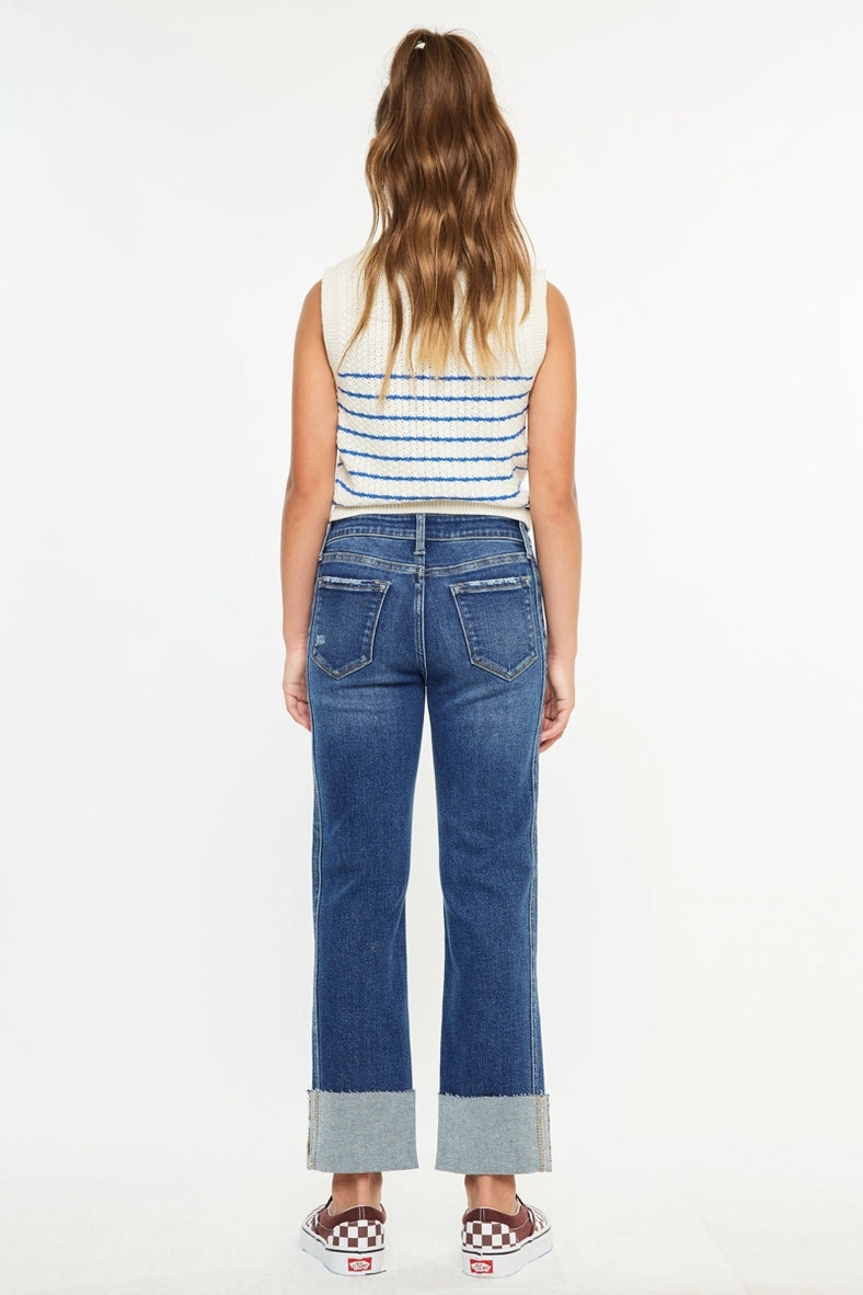 KanCan Girls Mid Rise Crop Cuffed Straight Leg Jeans