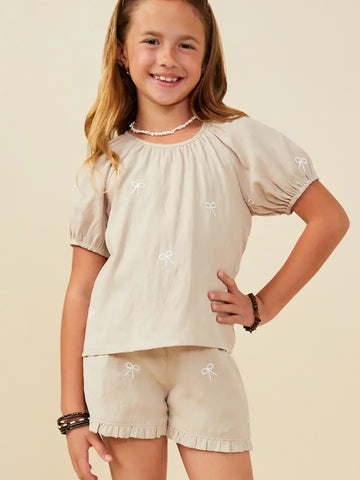 Youth Girls Bow Embroidered Cinch Short Sleeve Top