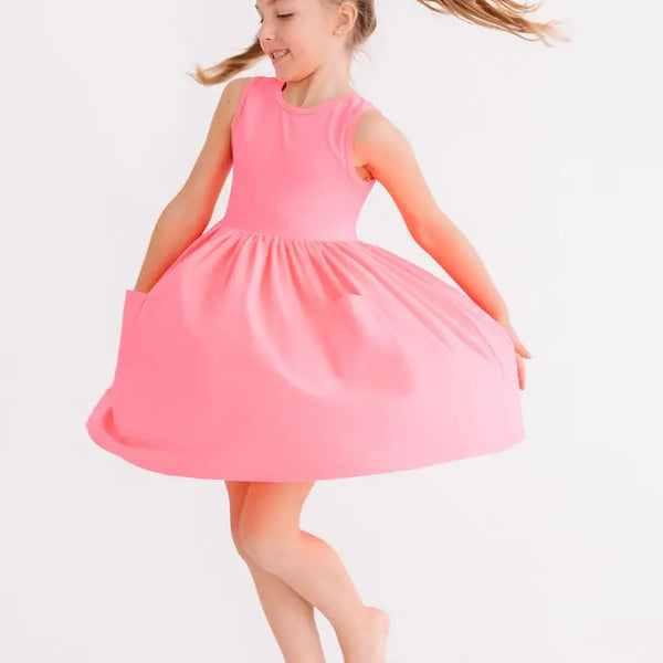 Girls Neon Pink Tank Pocket Twirl Dress
