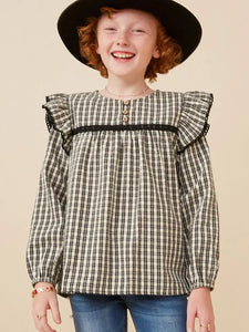 Youth Girls Checkered Lace Trim Ruffled Shoulder Top