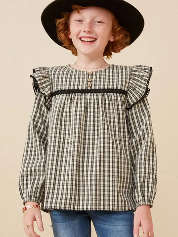 Youth Girls Checkered Lace Trim Ruffled Shoulder Top