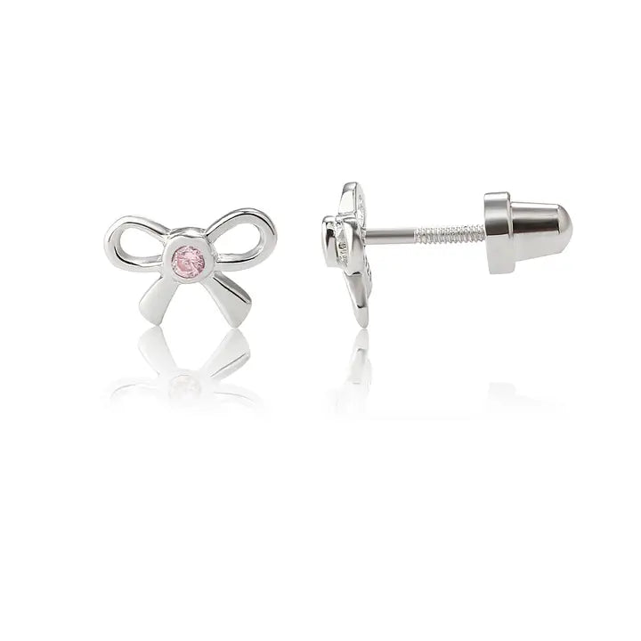 Sterling Silver Girls Pink Bow Screw Back Earrings For Kids