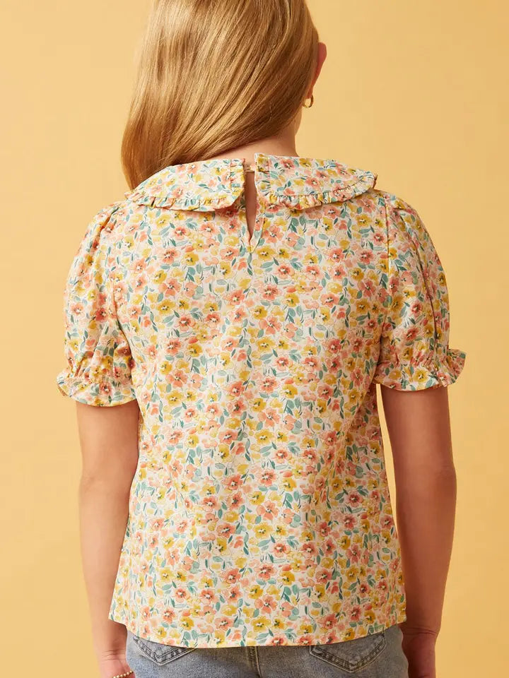 Youth Girls Ruffle Collar Cinch Sleeve Top