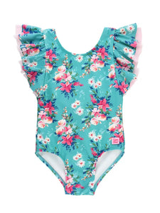Girls Fancy Me Floral Butterfly Sleeve One Piece Swimsuit