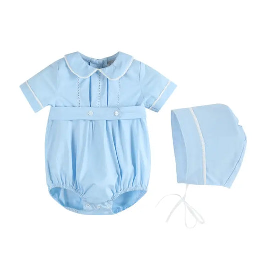 Infant Light Blue Collared Button Romper With Bonnet