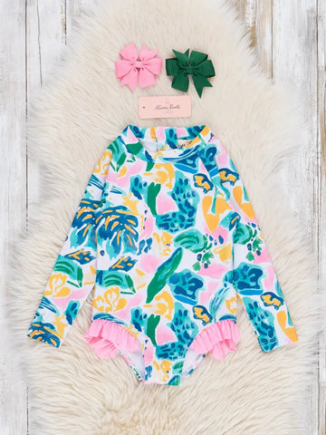 Girls Banana Leave Ruffle Swimsuit