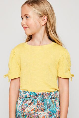 Ruched Puff-Sleeve Knit Kids Top