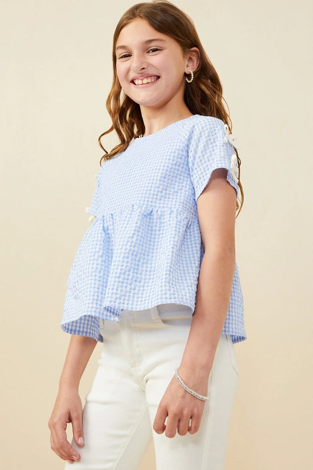 Youth Girls Ribbon Gingham Babydoll Top