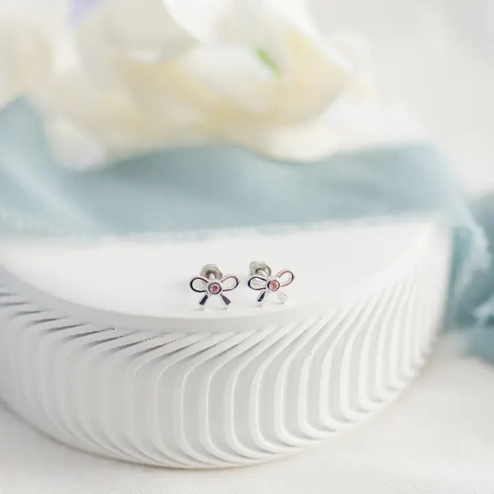 Sterling Silver Girls Pink Bow Screw Back Earrings For Kids