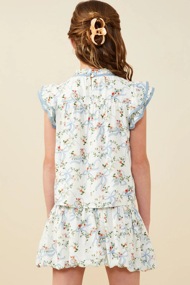 Youth Girls Floral Ribbon Contrast Trim Top