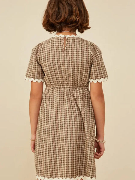 Youth Girls Wavy Twill Trimmed Pocketed Checkered Dress