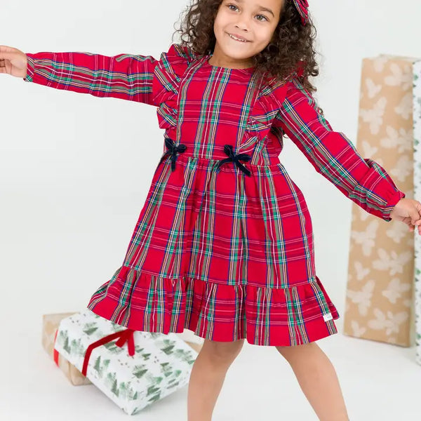 Girls Plaid Ruffle Bow Dress