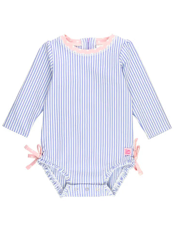 Girls Blue Seersucker Long Sleeve One Piece Swimsuit