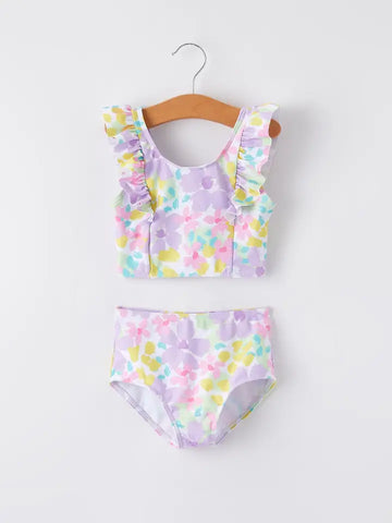 Girls Purple Flower Two Piece Swimsuit