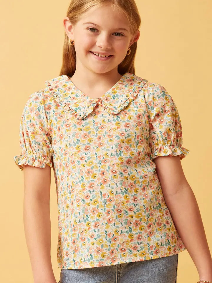 Youth Girls Ruffle Collar Cinch Sleeve Top