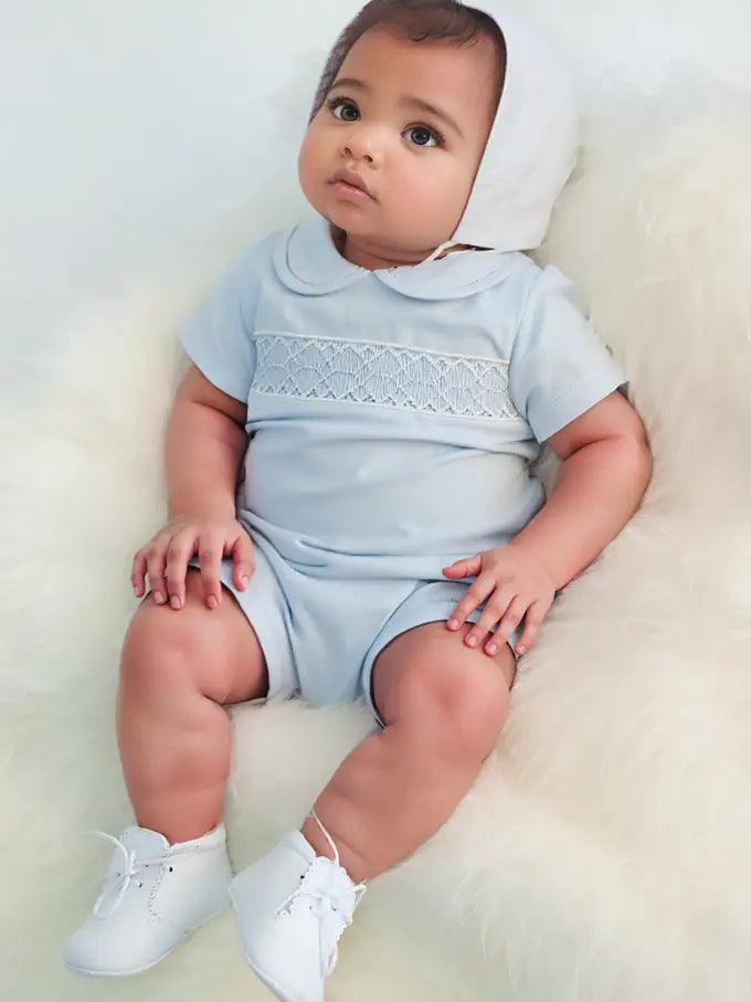 Infant Boy Light Blue Smocked Bubble Romper with Bonnet