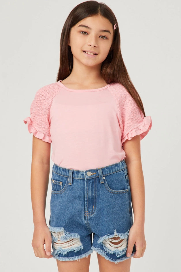 Youth Girls Smocked Ruffle Sleeve Top