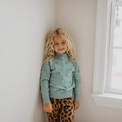 Girls Teal Pom Pom Crew Neck Sweater