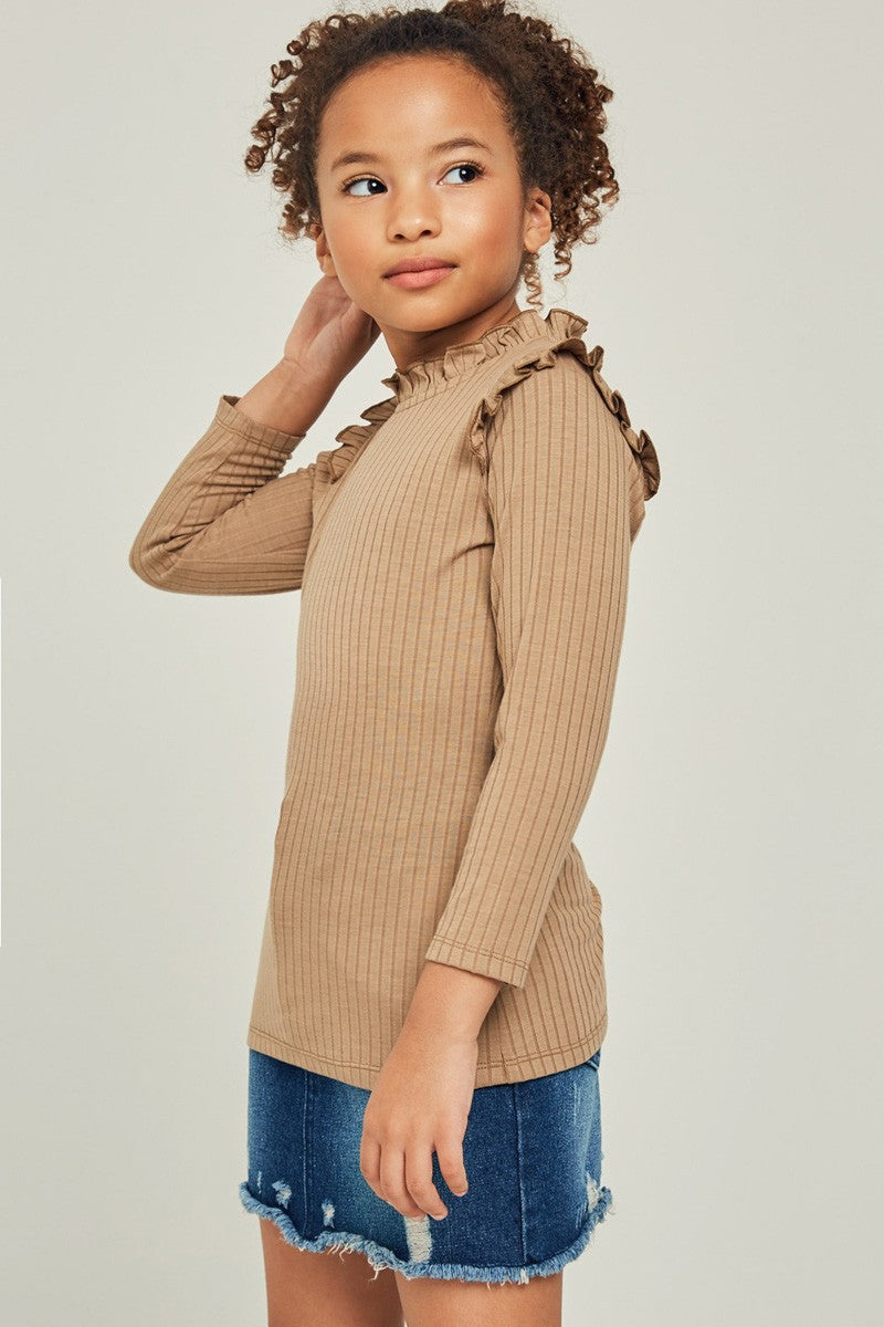 Ribbed Ruffle Mock Neck Top