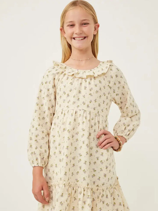 Youth Girls Textured Floral Print Ruffle Bibbed Dress
