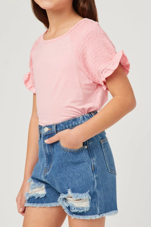 Youth Girls Smocked Ruffle Sleeve Top