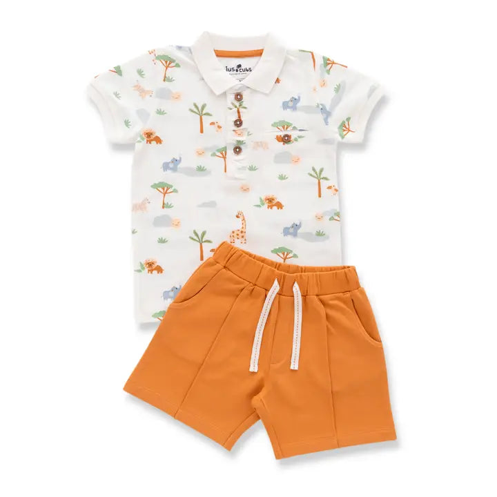 Baby Boy Safari Print Polo And Shorts Set - Mustard