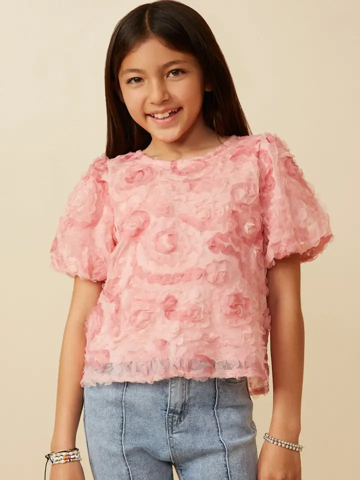 Youth Girls Floral Textured Puff Short Sleeve Top
