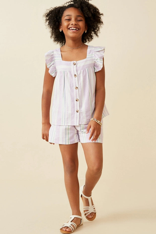 Youth Girls Striped Ruffle Button Top