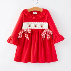 Christmas Bow Red Smocking Embroidery Girls Dress