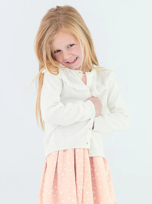 Ruffle Butts Girls Off-White Sweater Knit Ruffle Trim Cardigan