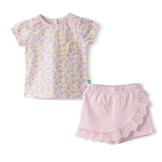 Baby Girl Floral Puff Sleeve Top And Eyelet Ruffle Skort Set